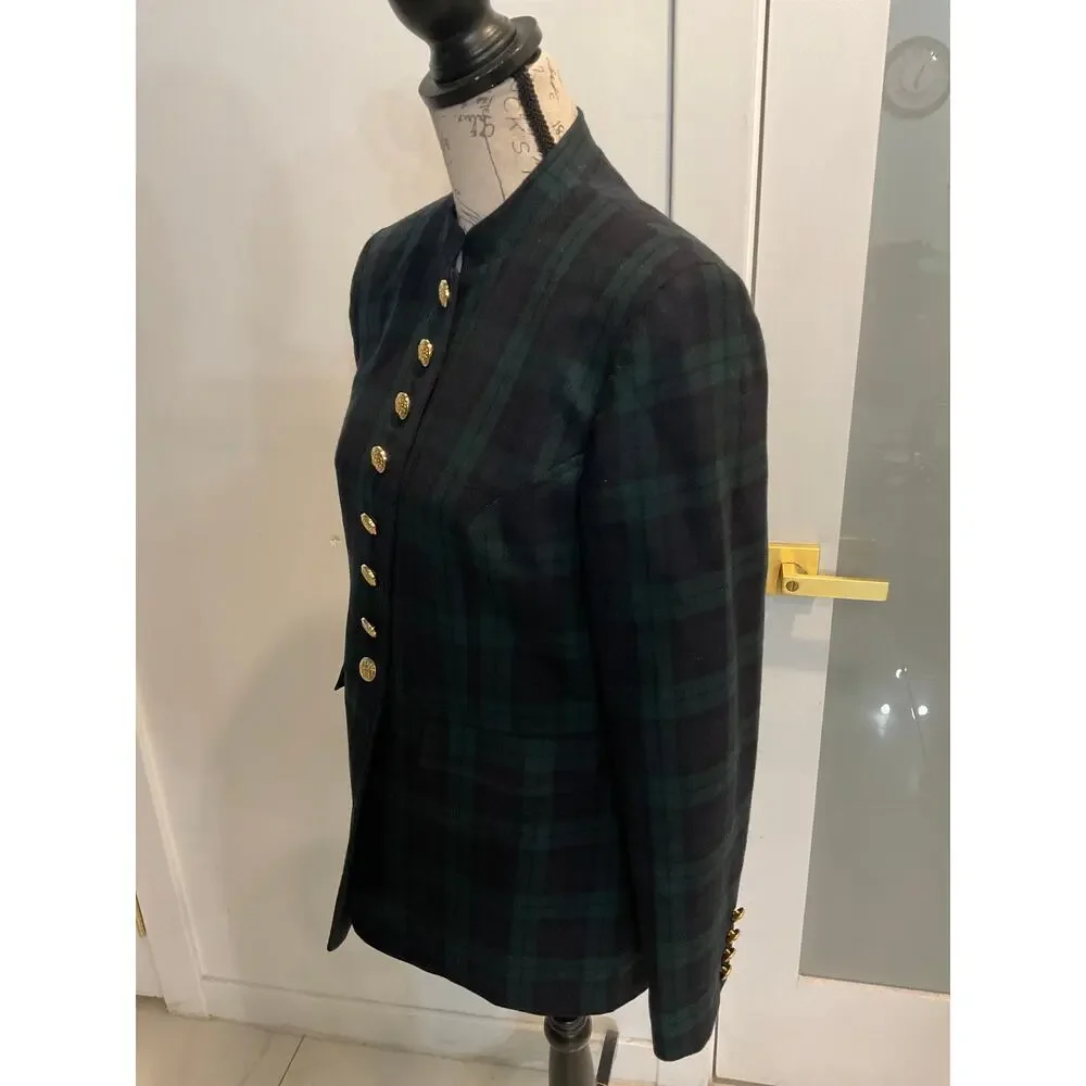 Vtg Talbots Women’s Wool Navy Green Tartan gold buttons military-style blazer 6 - Picture 5 of 16